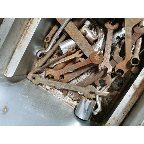 54 - Metal tool box containing a quantity of vintage tools inc spanners, sockets, rulers, security cable ... 