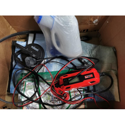 62 - Box containing a quantity of car accessories inc petrol can, electric pump, car vac etc