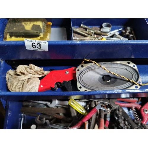 63 - 2x tool boxes inc a metal cantilever tool box containing a quantity of tolls, spanners, masonry chis... 