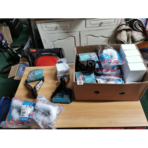 64 - Box containing a large quantity of plumbing accessories along with a quantity of new in box mini pla... 