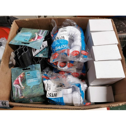 64 - Box containing a large quantity of plumbing accessories along with a quantity of new in box mini pla... 