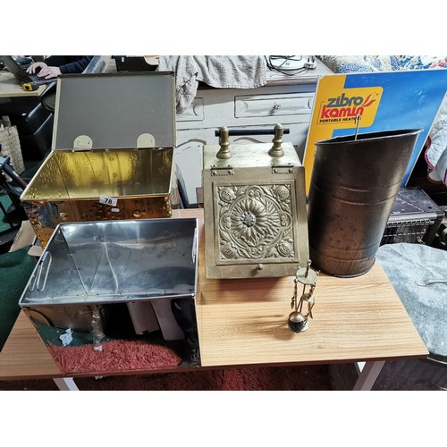 78 - Quantity of fire side brass ware inc a handled coal scuttle, a brass bound log basket along with a m... 