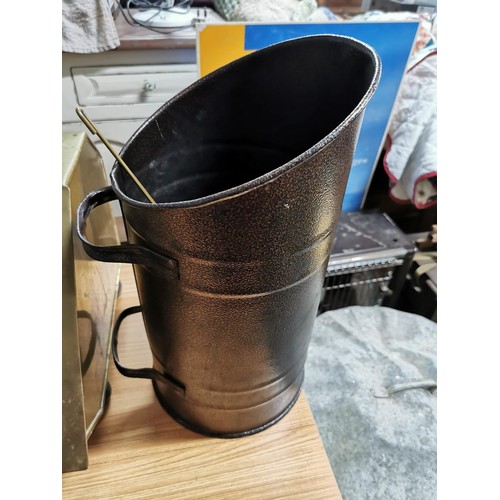 78 - Quantity of fire side brass ware inc a handled coal scuttle, a brass bound log basket along with a m... 