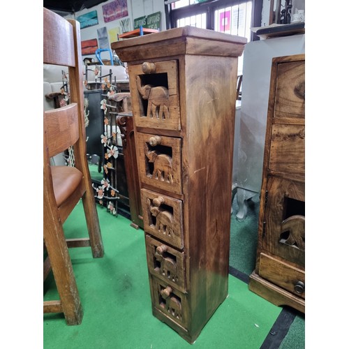 461 - Good quality solid Indian rosewood 5 drawer narrow chest with a carved elephant design to each drawe... 