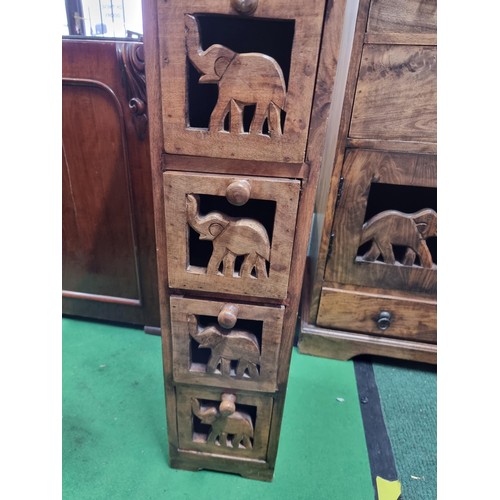 461 - Good quality solid Indian rosewood 5 drawer narrow chest with a carved elephant design to each drawe... 