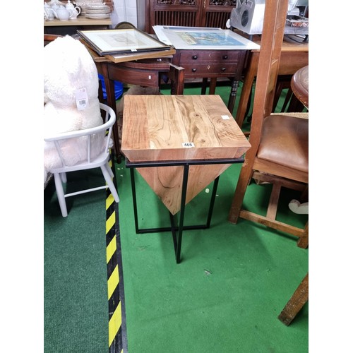 466 - Unusual solid wood lamp table with the wood in the shape of an inverted pyramid sitting in a black m... 