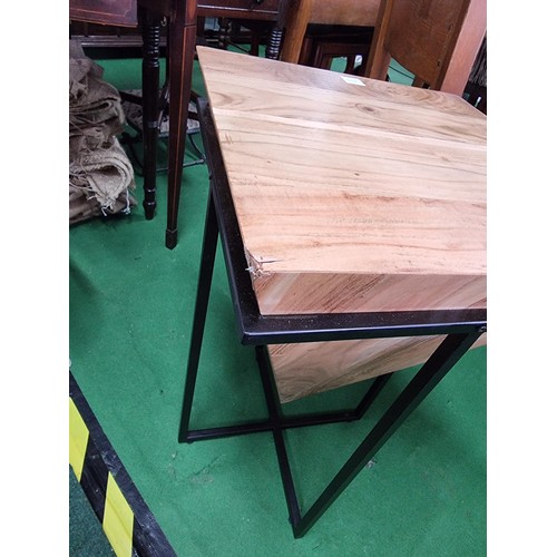 466 - Unusual solid wood lamp table with the wood in the shape of an inverted pyramid sitting in a black m... 