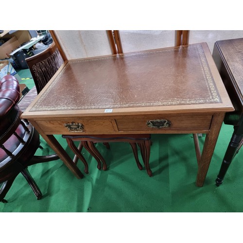 473 - Good quality solid light oak desk with a leather top and two drawers with ornate brass handles of go... 