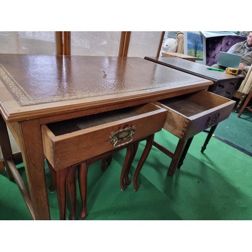 473 - Good quality solid light oak desk with a leather top and two drawers with ornate brass handles of go... 