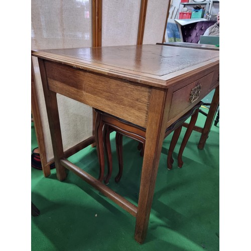 473 - Good quality solid light oak desk with a leather top and two drawers with ornate brass handles of go... 