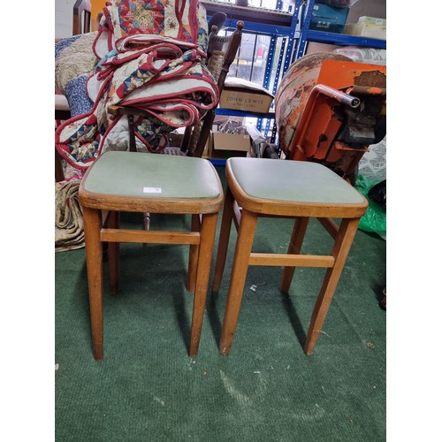 479 - Pair of vintage retro 1970's beech stools with green rexine tops tops are removable for reupholsteri... 