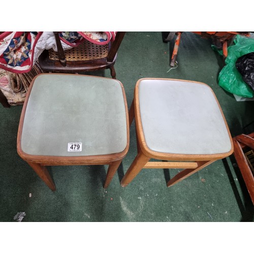 479 - Pair of vintage retro 1970's beech stools with green rexine tops tops are removable for reupholsteri... 