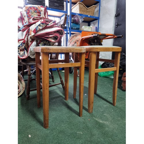 479 - Pair of vintage retro 1970's beech stools with green rexine tops tops are removable for reupholsteri... 