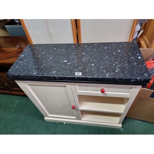 481 - Good quality vintage cream painted kitchen unit with a solid thick work top featuring red painted ha... 