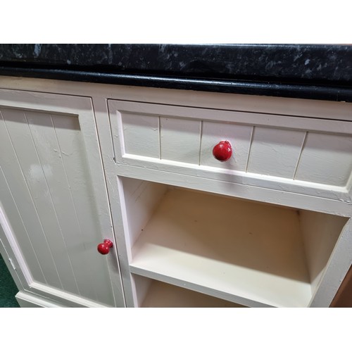 481 - Good quality vintage cream painted kitchen unit with a solid thick work top featuring red painted ha... 