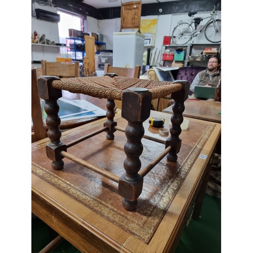 484 - Vintage stool with a rush seat and bobbin twist legs height 30cm 35cm squared