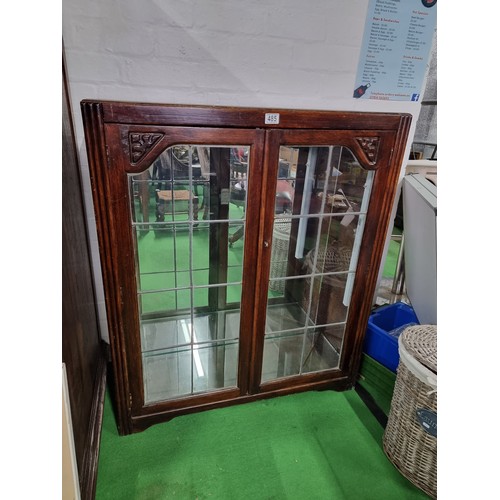 485 - Vintage good quality oak display cabinet with lead glazed windows with lockable two doors revealing ... 