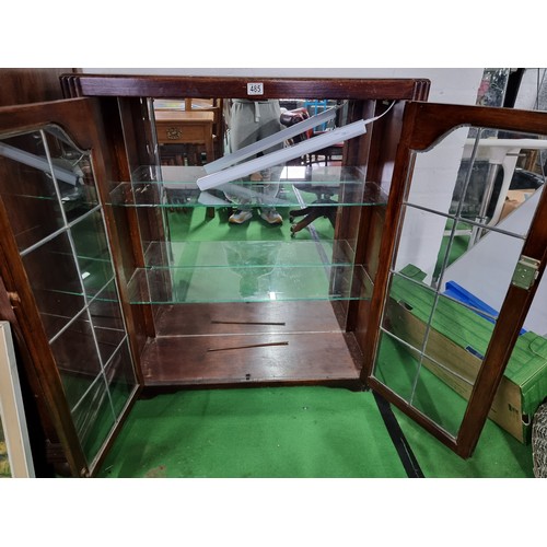 485 - Vintage good quality oak display cabinet with lead glazed windows with lockable two doors revealing ... 