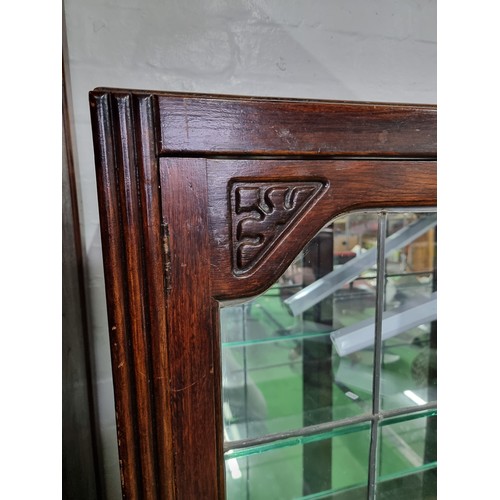 485 - Vintage good quality oak display cabinet with lead glazed windows with lockable two doors revealing ... 