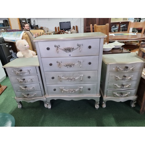 486 - Attractive 3 piece matching bedroom set in silver with an ornate design inc a four drawer chest alon... 