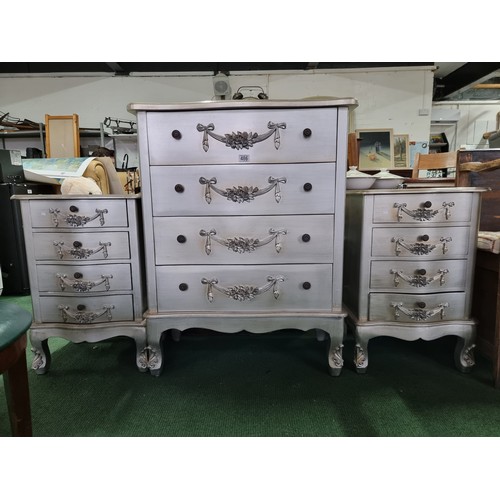 486 - Attractive 3 piece matching bedroom set in silver with an ornate design inc a four drawer chest alon... 