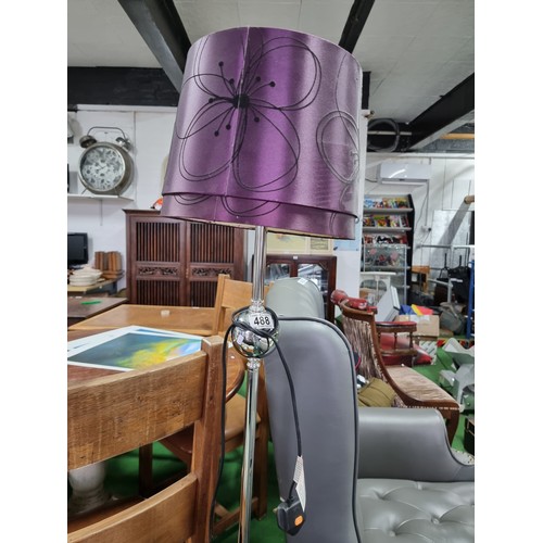 488 - Tall modern chrome standard lamp with a purple shade and a spare matching purple shade in clean work... 