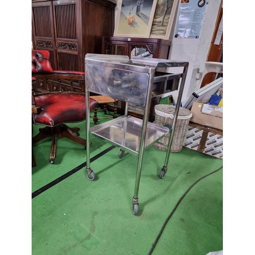 489 - Vintage stainless steel medical surgeons table with a slide out metal drawer on castors excellent qu... 