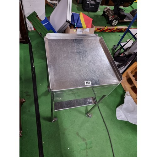 489 - Vintage stainless steel medical surgeons table with a slide out metal drawer on castors excellent qu... 