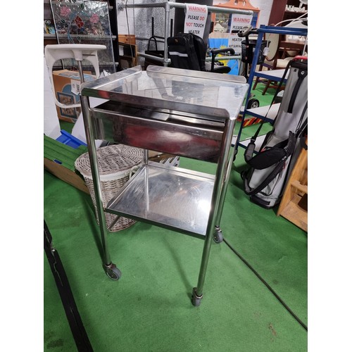 489 - Vintage stainless steel medical surgeons table with a slide out metal drawer on castors excellent qu... 