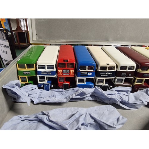 174 - A metal lockable case containing 19 diecast buses and 3 x steam engines all in excellent condition a... 