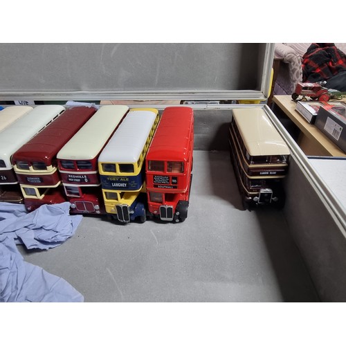 174 - A metal lockable case containing 19 diecast buses and 3 x steam engines all in excellent condition a... 