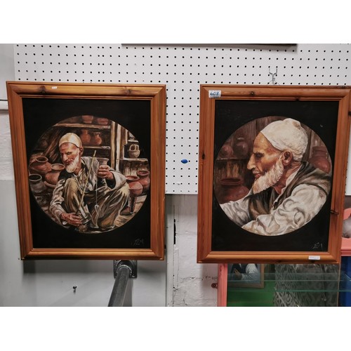 389 - 2 x well done framed oil on boards Titled Kashmir potter 1 & 2 by Jean Williams priced on back £120 ... 