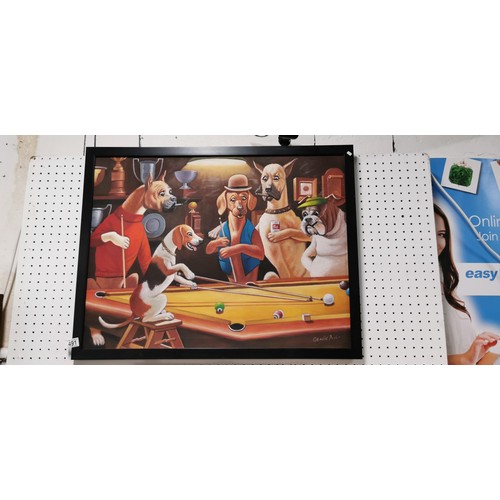 410 - Large framed cartoon oil painting on canvas depicting dogs playing a game of pool signed by the arti... 