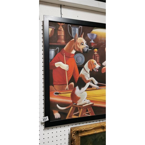 410 - Large framed cartoon oil painting on canvas depicting dogs playing a game of pool signed by the arti... 