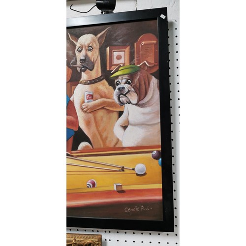 410 - Large framed cartoon oil painting on canvas depicting dogs playing a game of pool signed by the arti... 