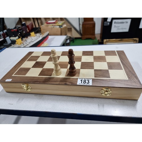 183 - A good quality wooden folding chess board with wooden figures complete in excellent clean condition,... 