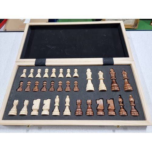 183 - A good quality wooden folding chess board with wooden figures complete in excellent clean condition,... 