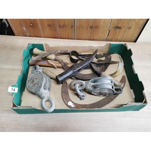 14 - Box containing a quantity of hand sickle's pulleys along with a pick axe head etc, all in good order