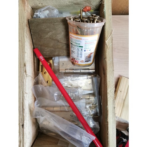 15 - Quantity of 4x wooden trugs/planters all full of tools/hardware inc a large quantity of hinges door ... 