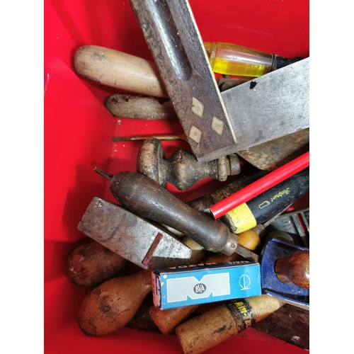 16 - Box containing a quantity of wood planes, set squares etc along with an unusual heavy duty vintage c... 