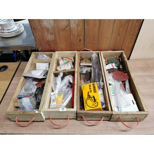 17 - Quantity of 4x wooden trugs/planters all full of tools/hardware inc safety goggles, pots of nails an... 