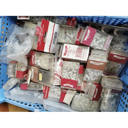 18 - Large quantity of 9 crates containing assorted screws, nails, locking pins, cleats, bolts etc mostly... 