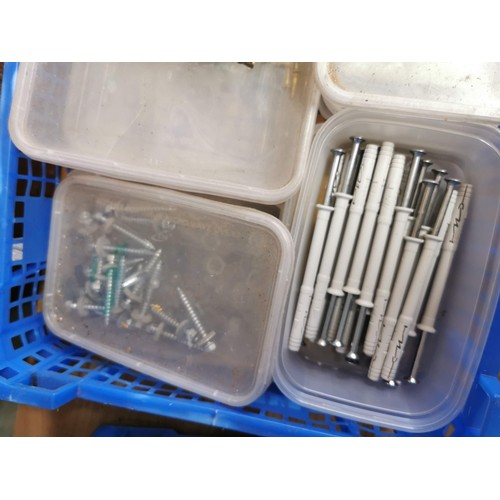 18 - Large quantity of 9 crates containing assorted screws, nails, locking pins, cleats, bolts etc mostly... 