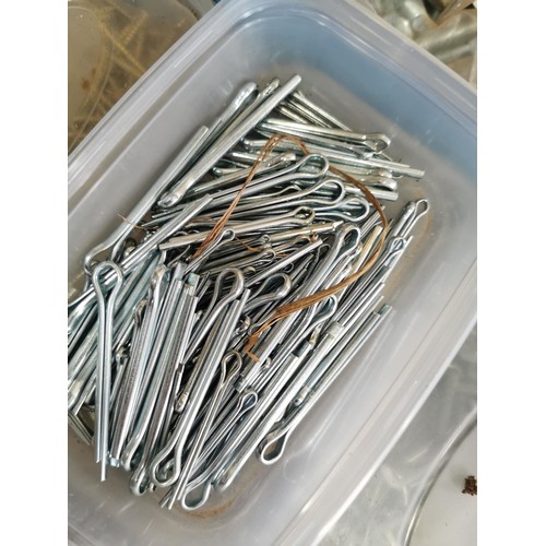 18 - Large quantity of 9 crates containing assorted screws, nails, locking pins, cleats, bolts etc mostly... 