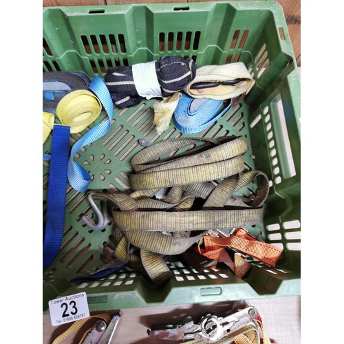 23 - Crate containing a large quantity of ratchet straps all in good order of varying colours all 2.5cm w... 