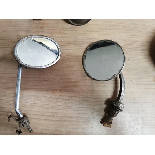 30 - 3x vintage car spot lights along with 2x wing mirrors, one is off a Morris minor and the other is a ... 