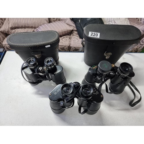 220 - 3 pairs of binoculars, 2 are cased including two 7x50 pairs and one 8X40 by Zenith greenkat and hani... 