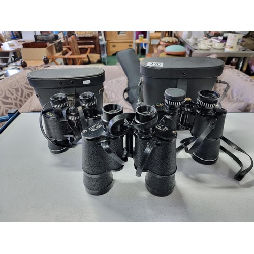 220 - 3 pairs of binoculars, 2 are cased including two 7x50 pairs and one 8X40 by Zenith greenkat and hani... 