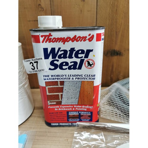 37 - Box of shed odds inc Thompsons water seal, foam insulation weather strips, metal paint, heavy duty e... 