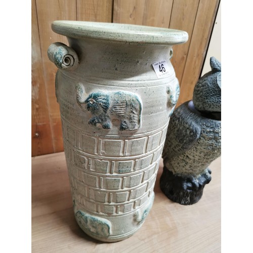 46 - Ceramic tall vase with and elephant design along with a battery operated owl formed bird deterant he... 